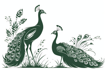Two green peacocks standing in a field of grass
