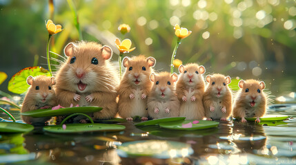 Fototapeta premium Hamsters sitting on lotus leaf in the pond with sunlight.
