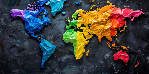 Photo of a geographical map of the continents in the color of the LGBT flag on a black background,...