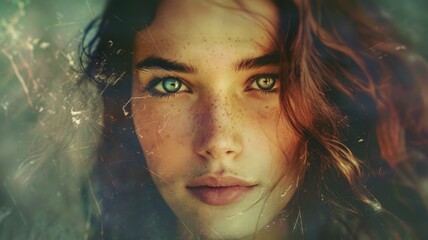 Green-eyed woman with nature-inspired aura - A captivating digital portrait of a green-eyed woman with a natural, outdoor-inspired aesthetic - obrazy, fototapety, plakaty