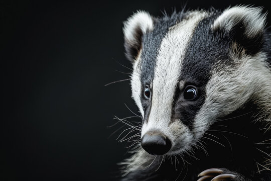 A black and white photo of a badger with its eyes wide open