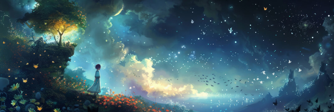 Fantasy landscape with starry night sky - A captivating fantasy landscape depicting a lone figure, a mystical tree, and a dazzling starry night sky merging into dawn