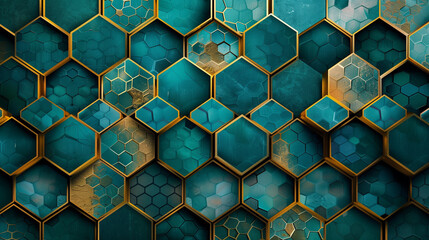 Luxurious Teal and Gold Hexagonal Geometric Abstract Background