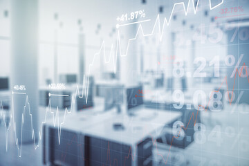Multi exposure of virtual abstract financial graph interface on a modern furnished classroom background, financial and trading concept