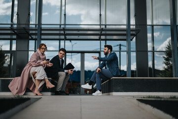 Three young business professionals engaged in a serious discussion outdoors with digital devices, planning for company growth.