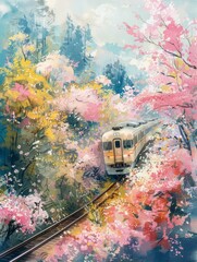 The train runs through the cherry blossom forest