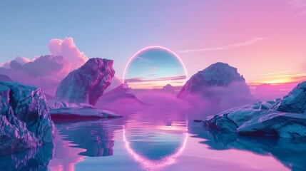 Render of an abstract panoramic background with water, rocks, mirror arch, neon frame, and clouds. Pastel gradient sky. - obrazy, fototapety, plakaty