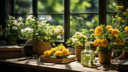 A beautiful still life of yellow flowers in a rustic setting - obrazy, fototapety, plakaty