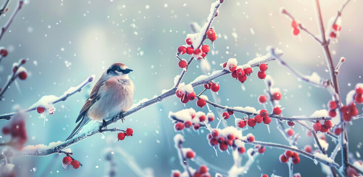 A beautiful colorful little bird perched on the branches of ice-covered hawthorn, red berries covered with snow and frost in winter