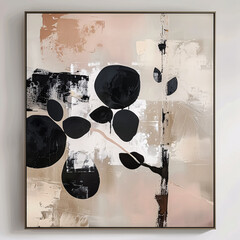Abstract painting with black flowers on canvas. Modern art. Contemporary art.