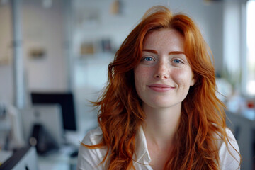 Red-haired girl with a smile on her face and long hair in a work office. Close-up portrait
