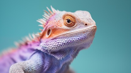 Fototapeta premium Bearded dragon lizard on blue background, animal, iguana, animals in the wild, green color