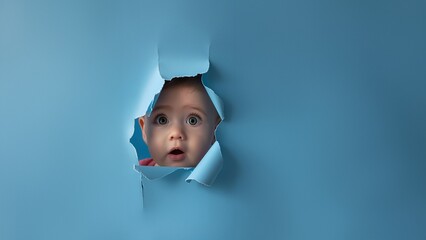 Baby Gesicht schaut durch zerrissenen blauen Karton als Werbefoto mit Platzhalter, ai generativ  - obrazy, fototapety, plakaty