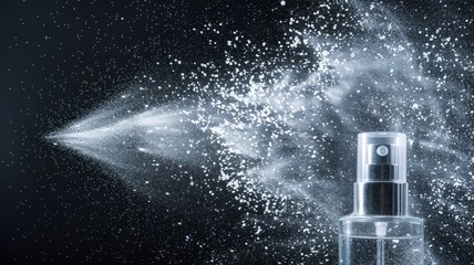 Transparent perfume sprayer with dust effect - A stunning image showcasing a transparent perfume dispenser with a powder-like spray giving an ethereal and artistic presentation - obrazy, fototapety, plakaty