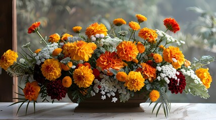 A beautiful floral arrangement in vibrant yellow hues symbolizing the arrival of Basant, showcased against a clean white backdrop