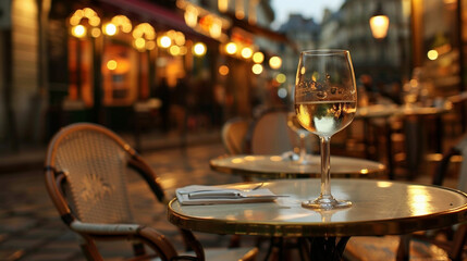 Obraz premium Evening cafe terrace with tables and a glass of wine