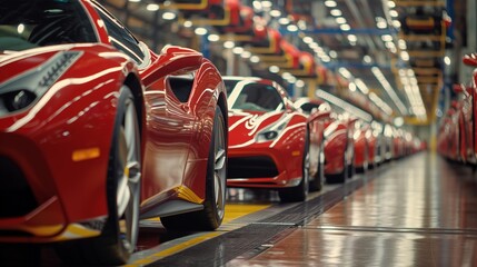A row of shiny red sports cars being assembled in a factory