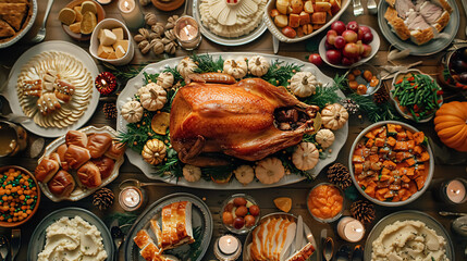 Thanksgiving table with roasted turkey and autumn ornaments, top view