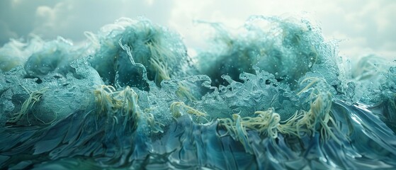 An abstract 3D illustration of a shirt transforming into seaweed and ice, blurring the lines between nature and manmade - obrazy, fototapety, plakaty