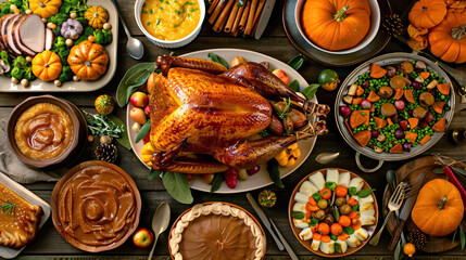Thanksgiving dinner table with roasted turkey, pumpkins and other traditional dishes