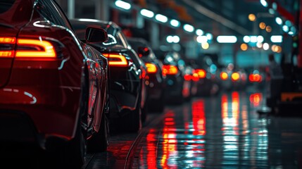 Urban street scene with a line of parked cars in the dark of night