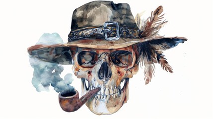 Watercolor illustration of a human skull wearing a hat and smoking a pipe. Vintage boho clip art, isolated on white.