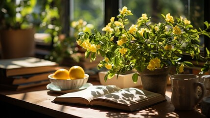 Still life with open book, lemons and yellow flowers in sunlight - obrazy, fototapety, plakaty