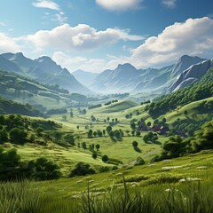 Fototapeta na wymiar Farmland in a valley between mountains