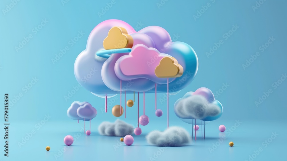 Poster a set of 3d cloud computing icons including a floating cloud with data streams flowing around it