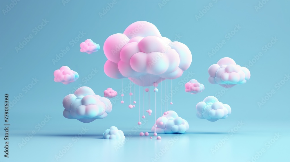 Poster A set of 3D cloud computing icons including a floating cloud with data streams flowing around it