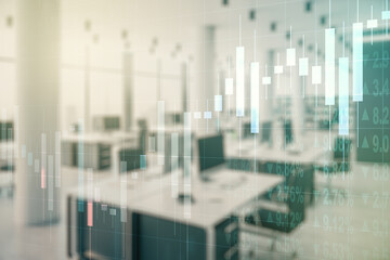 Multi exposure of virtual creative financial chart hologram on modern corporate office background, research and analytics concept