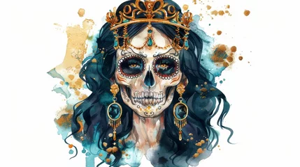 Papier Peint photo autocollant Crâne aquarelle The silhouette of a female skull with black hair, gold crown, and earrings is surrounded by a halo of gold. This is a vintage illustration of a gothic queen in watercolor. Day of the dead clip art