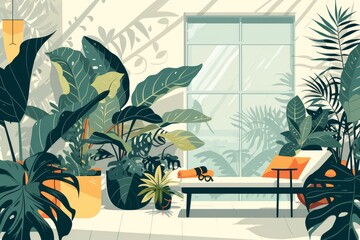 Illustration of lounge area near the pool with plants. Minimalistic background with monsteras, palm trees, sun lounger. Urban jungle, relaxation, summer, rest, weekends, space greening, indoor pool. - 779015370