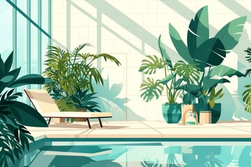 Illustration of lounge area near the pool with plants. Minimalistic background with monsteras, palm trees, sun lounger. Urban jungle, relaxation, summer, rest, weekends, space greening, indoor pool. - 779015377