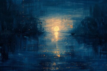 Blue and gold abstract painting of a cityscape at night
