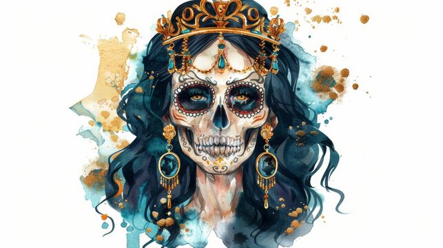 The silhouette of a female skull with black hair, gold crown, and earrings is surrounded by a halo of gold. This is a vintage illustration of a gothic queen in watercolor. Day of the dead clip art