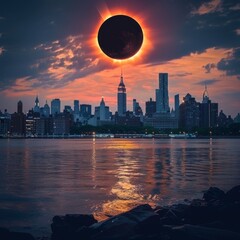 Lunar eclipse with the fiery crown of the sun enveloping the dark moon against the background of the starry sky.
Concept: space and astronomy, historical and significant astronomical events and decora - obrazy, fototapety, plakaty