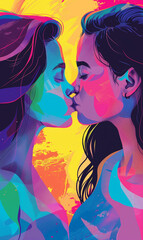 Illustration of two girls standing next to each other and kissing, LGBT concept