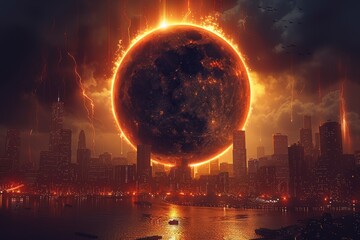 A solar eclipse over a cityscape where the Moon blocks out the Sun, leaving only the dazzling glow of the sun's corona.
Concept: urban studies and the influence of astronomical events in the city