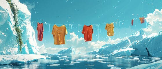 An artistic illustration of a frozen landscape where shirts are strung between icebergs, decorated with seaweed - obrazy, fototapety, plakaty