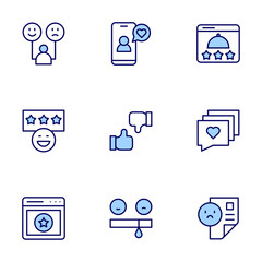 Feedback icon set. Duo tone icon collection. Editable stroke, complaint, love message, restaurant, survey, feedback, good review, review, customer behavior.