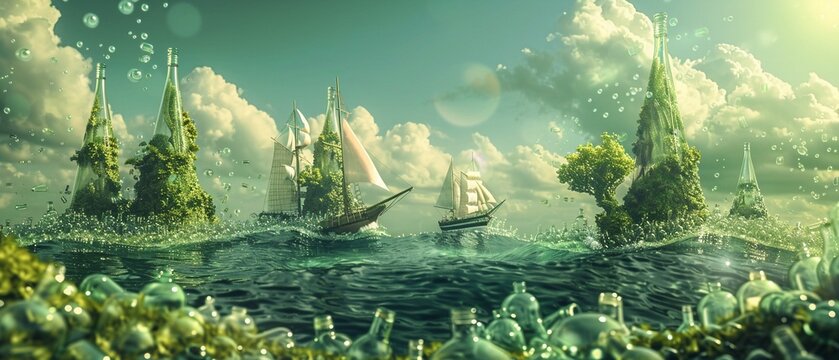 An artistic render of a scene where bottles form the building blocks of nature, with trees made of glass and ships navigating leafy seas