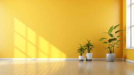 Three potted plants in front of a yellow wall