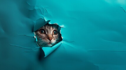 Süße getigerte Katze schaut durch Wand mit Platzhalter für Zoo und Züchter im Querformat für Banner, ai generativ - obrazy, fototapety, plakaty