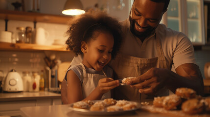 A father and daughter in an apron, smiling while baking cookies together on the kitchen counter