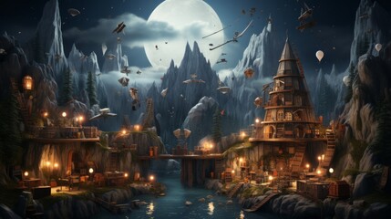 fantasy steampunk mountain village with airships and airships - obrazy, fototapety, plakaty
