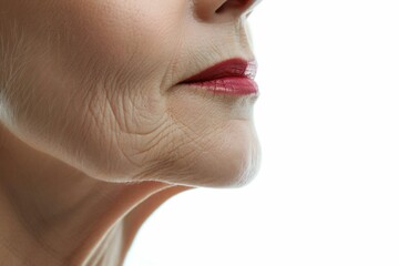 Close up chin and lips of nice-looking woman over 50 years old on white background. Skin care beauty, middle age cosmetics, hardware cosmetology, rejuvenation and thread lift concept. Copy space