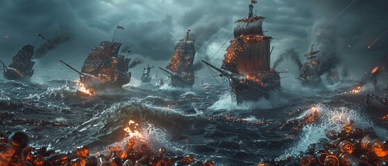 An epic render of a battle between ships made of bottles and a sea monster composed of trash, set in a stormy ocean - obrazy, fototapety, plakaty