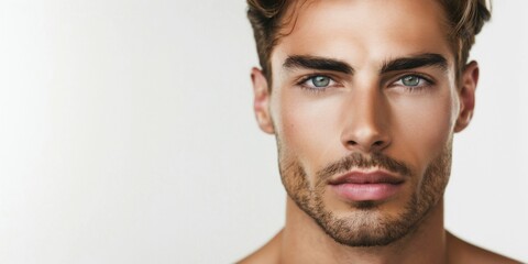 Obraz premium Close-up portrait, a satisfied young man after salon. The attractive brunette guy is seen with smooth skin. His model face features a modern haircut, embodying male cosmetic and beauty concept.