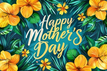 A vibrant calligraphy design with yellow flowers and green foliage, perfect for celebrating Mother's Day.